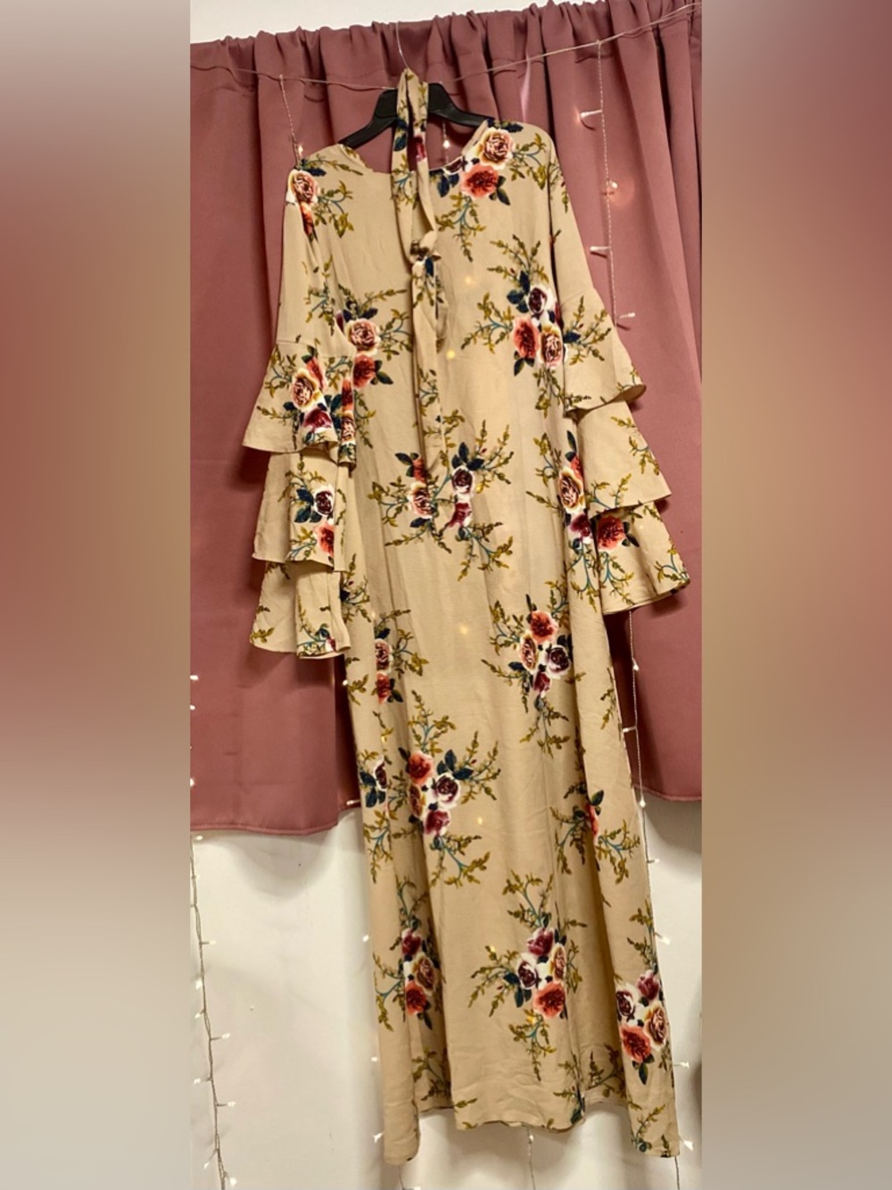 Floral Ruffle Sleeve Maxi Dress - Beige with Rose Print comes with tie
